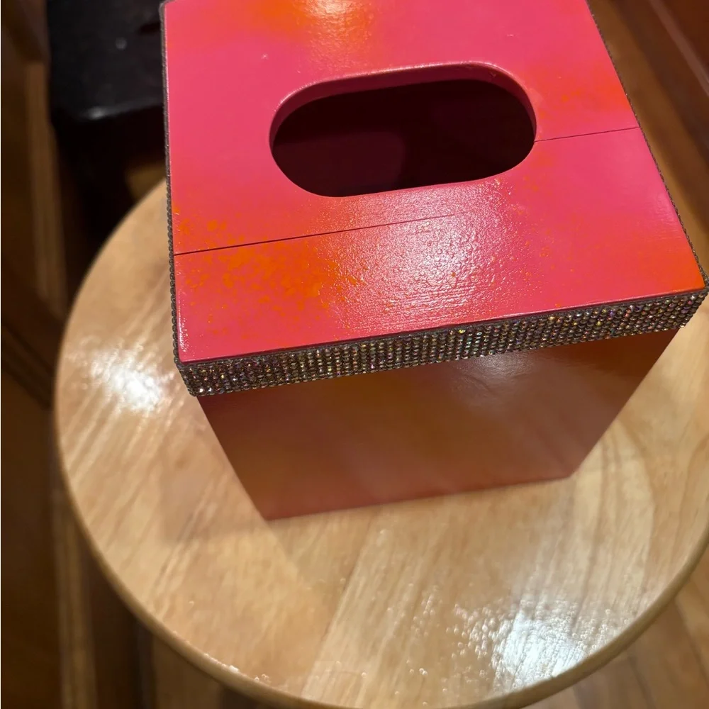 Hand Designed/Painted Tissue Box Pink & Orange with Rhinestone Trim! NEW!